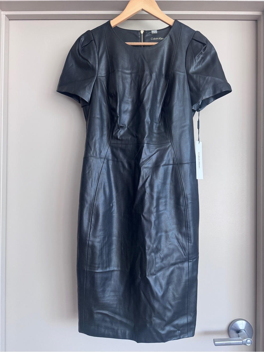 Calvin Klein Black Faux Leather Puff Sleeve Sheath Dress